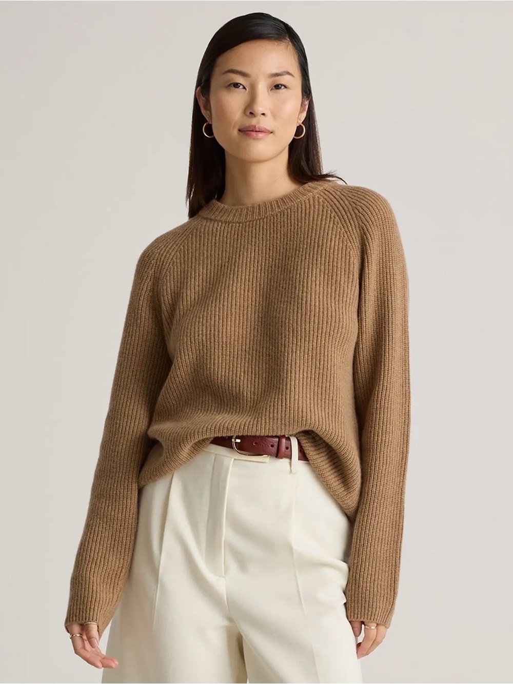 Quince Camel Ribbed Mongolian Cashmere Crewneck Sweater